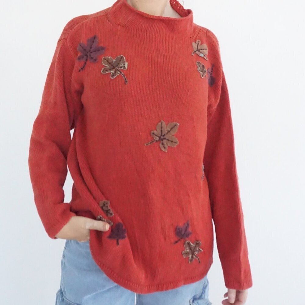 Vintage Nina Leonard Red Leaf Applique Ramie Cotton Knit Sweater M